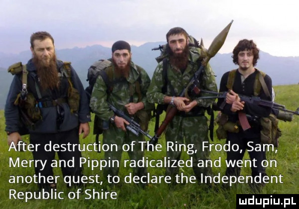 after destruction of tnie ring frodo sam marry and pippin radicalized and went on another quest to declare tee independent republic of shire