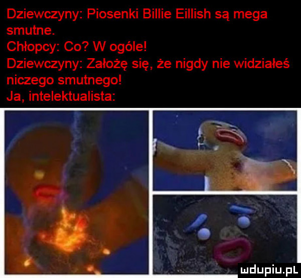 dziewczyny piosenki billie eillish są mega smutne. chłopcy co w ogóle dziewczyny założę się że nigdy nie widziałeś niczego smutnego ja intelektualista