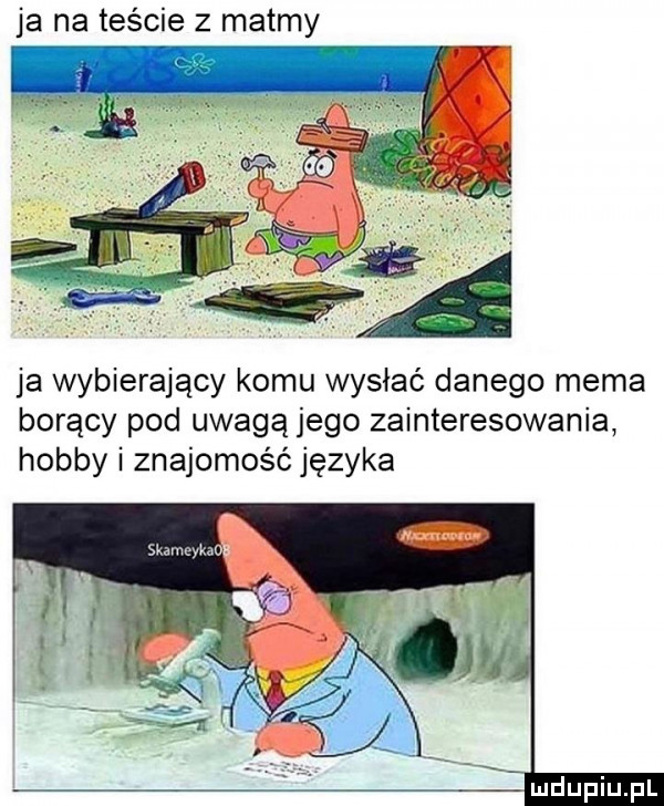 ja na teście z matmy ja wybierający komu wysłać danego mema bodący pod uwagą jego zainteresowania hobby i znajomość języka