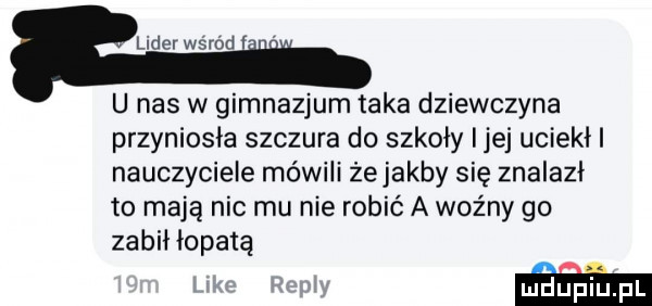 u nas w gimnazjum taka dziewczyna przyniosła szczura do szkoły ijej uciekł i nauczyciele mówili żejakby się znalazł to mają nic mu nie robić a woźny go zabił łopatę