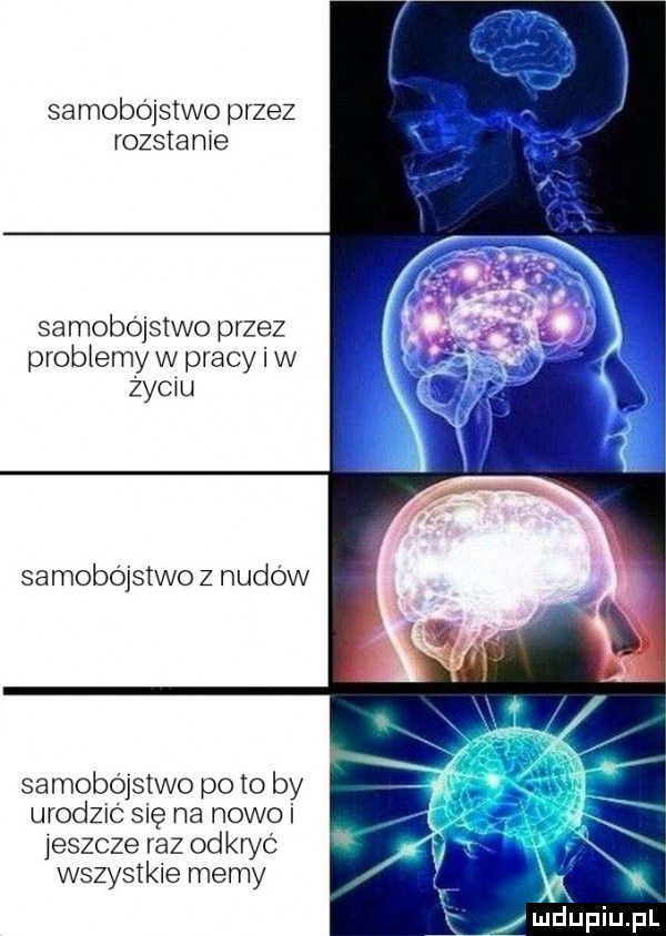 sa mobojstwo przez rozstanie samobójstwo przez problemy w pracy i w życiu samobójstwo z nudów sa mobojsrwo po to by urodzic się na nowo jeszcze raz odkryc wszystkie memy mhupiupl