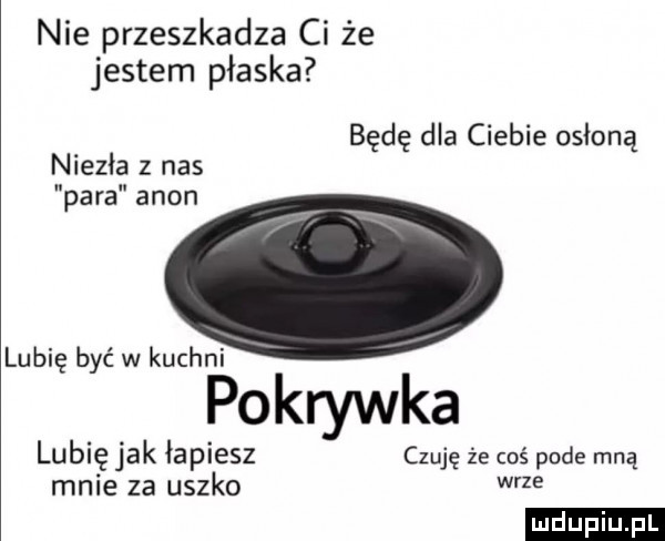 nie przeszkadza ci że jestem płaska będę dla ciebie osłoną niezła z nas para agon lubię być w kuchni pokrywka lubię jak łapiesz czuję że coś pode mną mnie za uszko wale ludu iu. l