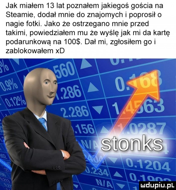 jak miałem    lat poznałem jakiegoś gościa na steamie dodał mnie do znajomych i poprosiło nagie fotki. jako że ostrzegano mnie przed takimi powiedziałem mu że wyślę jak mi da kartę podarunkową na    . dał mi zgłosiłem goi zablokowałem xd