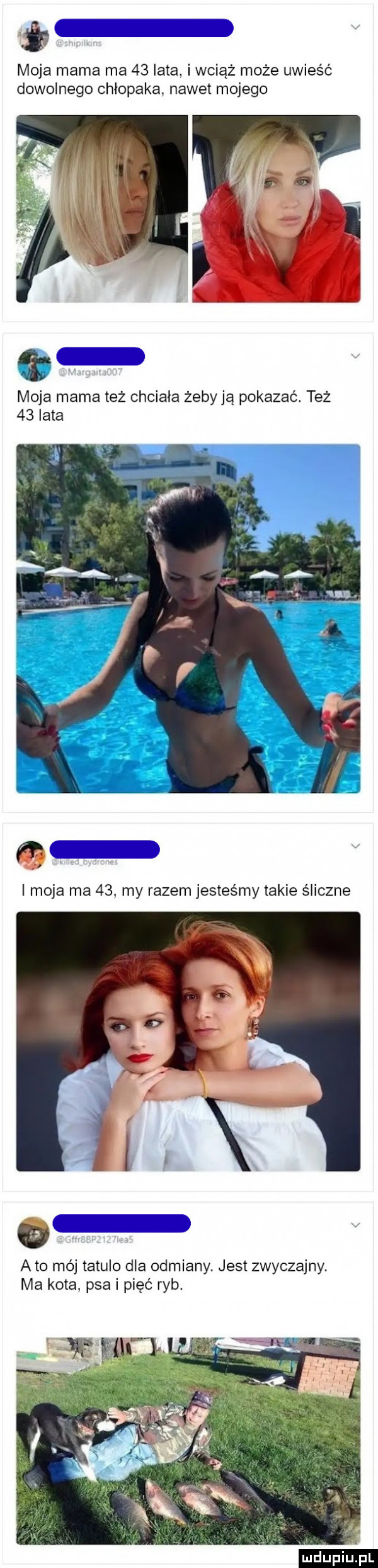 moja mama ma    lata. i wciąż może uwieść dowolnego chłopaka. nawet mojego c moja mama też chciała żebyją pokazać też    lata i moja ma    my razem jesteśmy takie śliczne a to mój tatulo dla odmiany. jest zwyczajny. ma kota psa i pięć ryb
