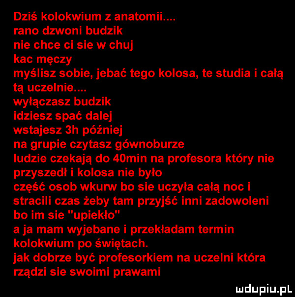 dziś kolokwium z anatomii. rano dzwoni budzik nie chce ci sie w chuj kac męczy myślisz sobie jebać tego kolosa te studia i całą tą uczelnie. włączasz budzik idziesz spać dalej wstajesz  h później na grupie czytasz gównoburze ludzie czekają do   min na profesora który nie przysiedli kolosa nie bylo część osob wkurw bo sie uczyla całą noc i stracili czas żeby tam przyjść inni zadowoleni bo im sie upieklo a ja mam wyjebane i przekładam termin kolokwium po świętach. jak dobrze być profesorkiem na uczelni która rządzi sie swoimi prawami