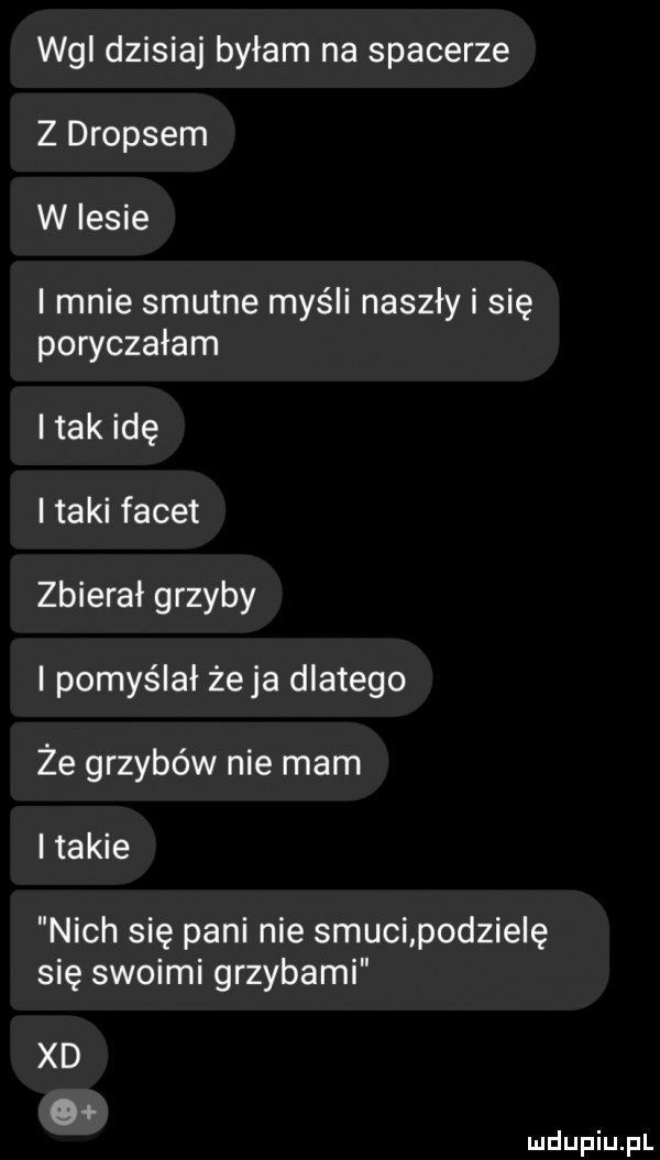 wai dzisiaj byłam na spacerze z dropsem w lesie i mnie smutne myśli naszły i się poryczałam i tak idę i taki facet zbierał grzyby pomyślał żela dlatego że grzybów nie mam i takie nich się pani nie smuci padzie ę się swoimi grzybami xd