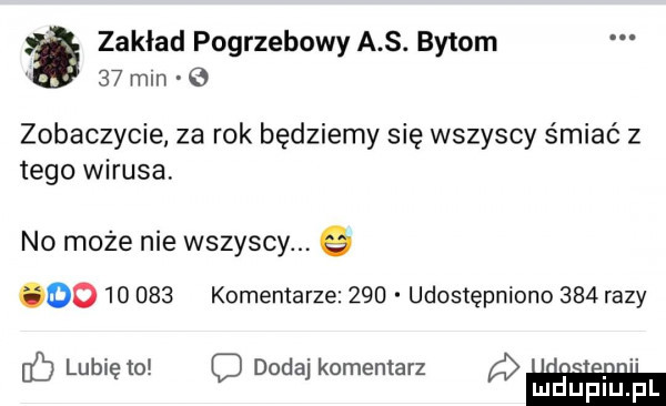 zakład pogrzebowy a s. bytom    mln zobaczycie za rok będziemy się wszyscy śmiać z tego wirusa. no może nie wszyscy. q oo        komentarze     udostępniono     razy lubię to doda komentarz. abakankami j in
