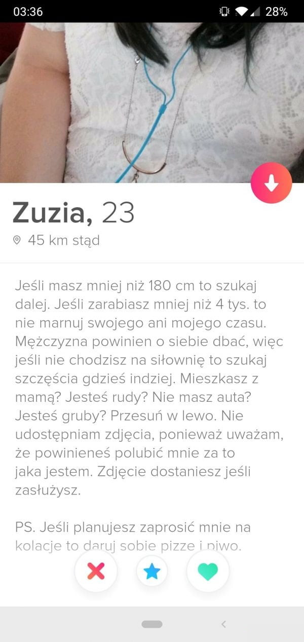 zuzia       km stad jesii masz mniej niz     cm to szukaj dziej jeśli zarabiasz mniej niz   tys. to nic marnuj swejcgo ani mojego czasu. mezczyzna powinien siebie dbac. więc jeśli nie chodzisz na siłownię to szukaj szczęścia gdzrcs incizrcj. mieszkasz z niania jestes rudy nie masz auta jestes gruby przesun w lewo. nie uciostcpnram zdjęcia poniewaz uwazam. ze povvinieneś pogubić mnie za to jakajestem zdjecie dostanieszjesii zasiuzysz ps jesii planujesz zaprosić mnie na x
