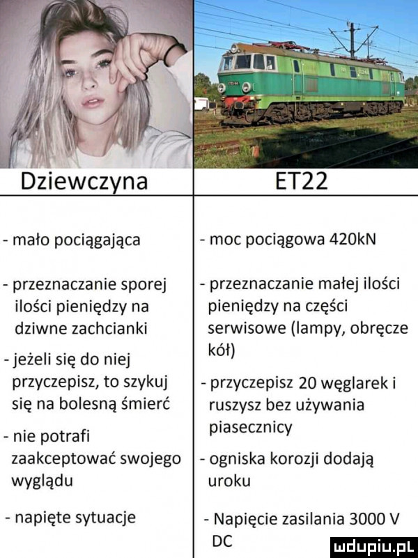 dziewczyna mało pociągająca przeznaczanie sporej ilości pieniędzy na dziwne zachcianki jeżeli się do niej przyczepisz to szykuj się na bolesną śmierć nie potrafi zaakceptować swojego wyglądu napięte sytuacje etzz moc pociągowa    kn przeznaczanie malej ilości pieniędzy na części serwisowe lampy obręcze kół przyczepisz    węglarski ruszysz bez używania piasecznicy ogniska korozji dodają uroku napięcie zasilania      v dc