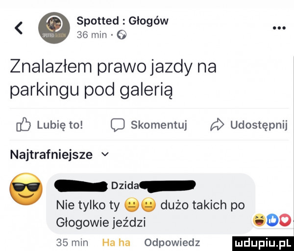 spotted głogów h.    min znalazłem prawojazdy na parkingu pod galeria ó lubię to skomentuj a udostępnij najtrafniejsze v e dzida nie tylko ty óó dużo takich po głogowie jez dni ooo   mm ha ha odpowiedz