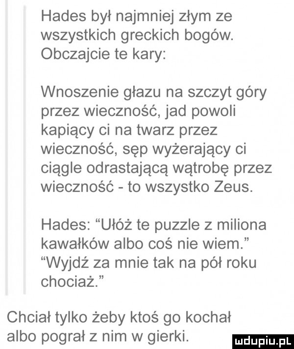 hades był najmniej złym ze wszystkich greckich bogów. obczajcie te kary wnoszenie głazu na szczyt góry przez wieczność jad powoli kapiący ci na twarz przez wieczność sęp wyżerający ci ciągle odrastającą wątrobę przez wieczność to wszystko zeus. hades ułóż te puzzle   miliona kawałków albo coś nie wiem wade za mnie tak na pół roku chociaż chciał tylko żeby ktoś go kochał albo pograł z nim w gierki