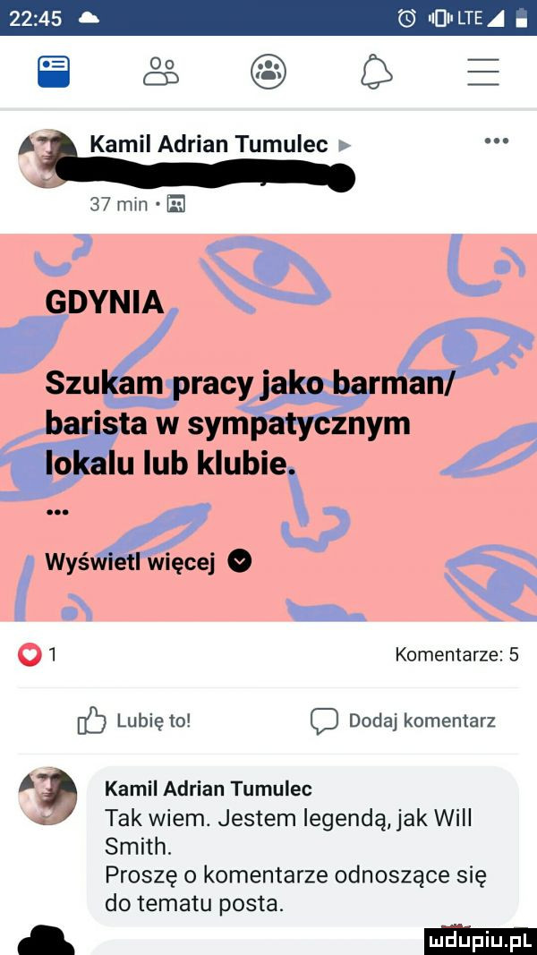 nin lam.      a kamil adrian tumulec    mm e. w gdynia x l szu m raw bar ta w sam nam mu lub klubie waś więcej   ę i a   komentarze   c lunięto o dodaj komentarz. kamil adrian tumulec. tak wiem. jestem legendą jak will smith. proszę o komentarze odnoszące się do tematu posta. a