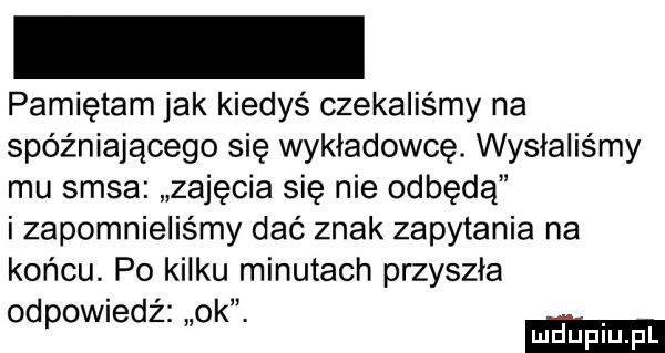 pamiętam jak kiedyś czekaliśmy na spóźniającego się wykładowcę. wysialiśmy mu sasa zajęcia się nie odbędą i zapomnieliśmy dać znak zapytania na końcu. po kilku minutach przyszła odpowiedż ok