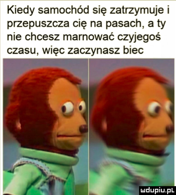 kiedy samochód się zatrzymuje i przepuszcza cię na pasach a ty nie chcesz marnować czyjegoś czasu więc zaczynasz biec i