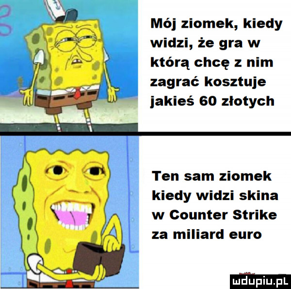 i mój ziomek kiedy. widzi że gra w którą chcę z nim zagrać kosztuje jakieś bo zlotych ten sam ziomek kiedy widzi skina w counter strike za miliard euro