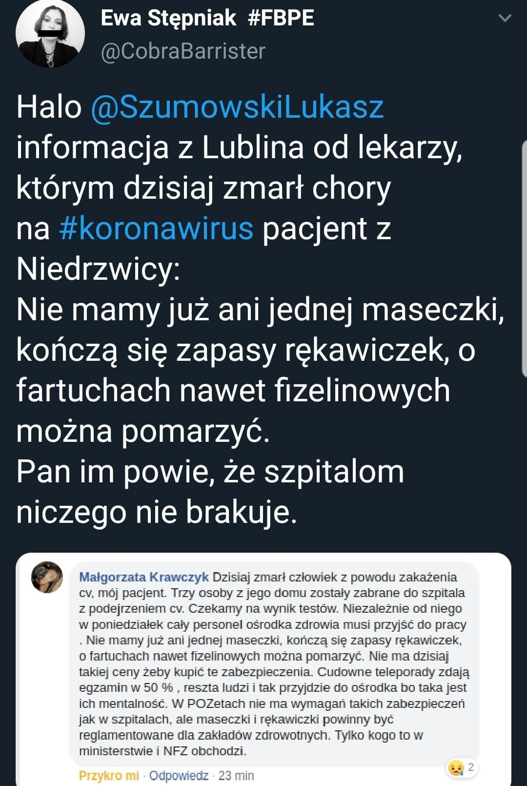 ewa stępniak fbpe cobrabarrister halo informacja z lublina od lekarzy którym dzisiaj zmarł chory na pacjent z niedrzwicy nie mamy już ani jednej maseczki kończą się zapasy rękawiczek o fartuchach nawet fizelinowych można pomarzyć. pan im powie że szpitalom niczego nie brakuje. malgorzata krawczyk dzisiaj zmarł celo u idk z powodu zakażenia v. mój pacjent. tezy oby  . jego dom abrane clo szpitala nie od niego do pracy. nie mamaj d fartuchach nawet fizelincnwych można pomarz. takiej ceny z upić te zabezpieczenia. cudo wie teleporady egzamin vr reszta ludzi i tak przyjdzie do in h mentalne. w poz jak w sępi. ale ma reklam ane dla za   ici tekst vvie i nfz obchodzi