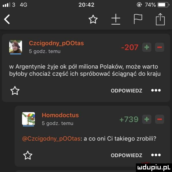 n   ag          h ﬁipﬁ czcigodnymomas   godz temu     w argentynie żyje ok pół miliona polaków może warto byłoby chociaż część ich spróbować ściągnąć do kraju ff odpowiedz f homodactus.     sgodz emu czcngodnyapootas a co oni ci takiego zrobili ff odpowiedz mdﬁpiupl