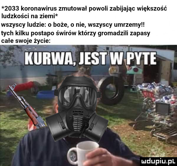 koronawirus zmutowai powoli zabijając większość ludzkosci na ziemi wszyscy ludzie o boże o nie wszyscy umrzemy tych kilku postapo świrów którzy gromadzili zapasy całe swoje życie. kurwa. ihs i w fat