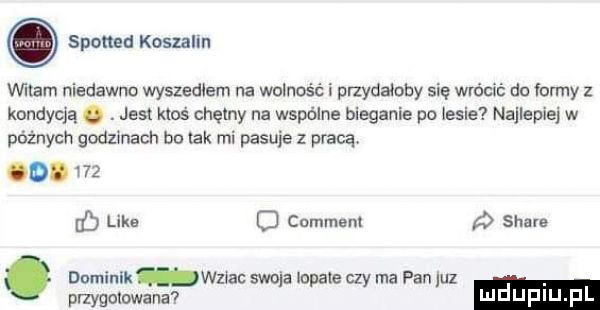 spomd koszalin mtam niedawno wyszedłem na wolność i pnydaioby się wrócić do farmy z kondycją. abakankami jest ktos chętny na wspólne bieganie po lesie najlepiej w późnych godzinach im tak mi pasuje z pracą. like o comment ó soave. dominik wziac snuja lop-ie czy ma pan luz