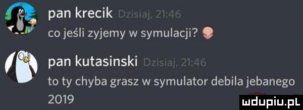 pan krecik cojeśli zyjemy w symulacji. pan kutasinski to ty chyba grasz w symulator debila jebanego