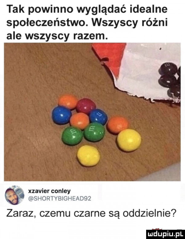 tak powinno wyglądac idealne społeczeństwo. wszyscy różni ale wszyscy razem. xzavier conley shortybigheadqż zaraz czemu czarne są oddzielnie