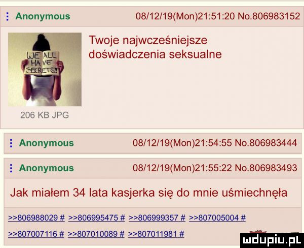 e anonymous          mon          no           twoje najwcześniejsze doświadczenia seksualne     kb jpg e anonymous          mon          no             anonymous          mon          no           jak migiem    lata kasjerka się do mnie uśmiechnęła                 a                                 so o oles           it. luduplu pl
