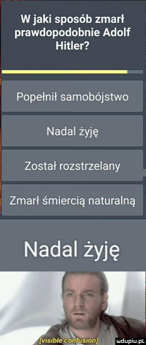 w jaki sposób zmarł prawdopodobnie adolf hitler popełnił samobójstwo nadal żyję został rozstrzelany i i zmarł śmiercią naturalną nadal żyję h. abakankami ł. werble cogijstnl