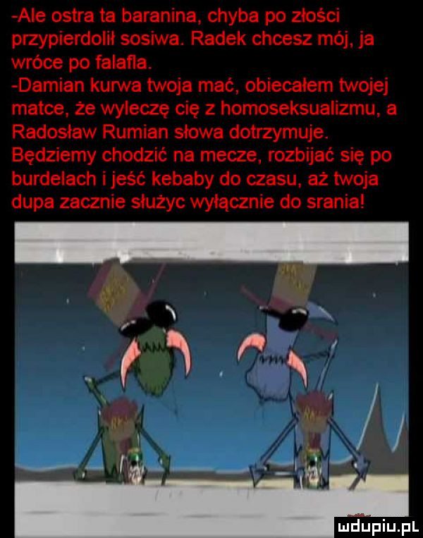 ale ostra ta baranina. chyba po złości przypierdolił sosowa. radek chcesz mój. ja włóce po falafla. damian kurwa twoja mać obiecałem twojej matce. że wyleczę cię z homoseksualizmu a radosław rumian słowa dotrzymuje. będziemy chodzić na mecze. rozbijać się po burdelach ijeść kebaby do czasu az twoja dupa zacznie słuzyc wyłącznie do srania. abakankami m n j ti. lp j. abakankami l