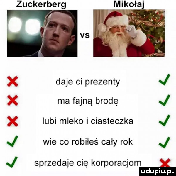 zuckerberg daje ci prezenty ma fajną brodę lubi mleko i ciasteczka kkkk wie co robiłeś cały rok sprzedaje cię korporacjom kkxxx