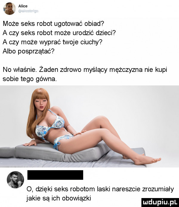 alice może seks robot ugotować obiad a czy seks robot może urodzić dzieci a czy może wyprać twoje ciuchy albo posprzątać no właśnie. żaden zdrowo myślący mężczyzna nie kupi sobie tego gowna. e   dzięki seks robotom laski nareszcie zrozumiały jakie są ich obowiązki