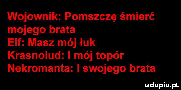 wojownik pomszczę śmierć mojego brata elf masz mój łuk krasnolud i mój topór nekromanta i swojego brata