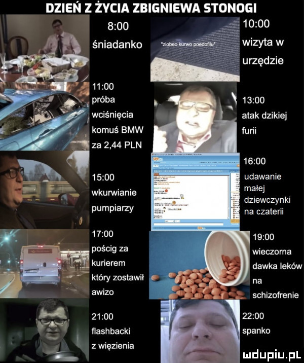 dzien z życia zbigniewa stonogi      śniadanko       wciśnięcia komuś bmw za      pln pompiarzy        pościg za kunerem awizo       ﬂashbacki z więzienie kińryidsiawii o. wizyta w urzędzie j       atak dzikie furii       udawane mane dzlewczynkl na czatem       wiecznma dawka leków na schizofrenie