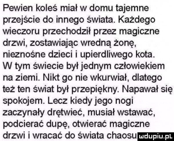 pewien koleś miał w domu tajemne przejście do innego świata. każdego wieczoru przechodził przez magiczne drzwi zostawiając wredną żonę nieznośne dzieci i upierdliwego kota. w tym świecie byłjednym człowiekiem na ziemi. nikt go nie wkurwiał. dlatego też ten świat był przepiękny. napawał się spokojem. lecz kiedy jego nogi zaczynały drętwieć musiał wstawać podcierać dupę otwierać magiczne drzwi i wracać do świata chaosu