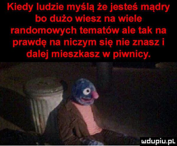 kiedy ludzie myślą że jesteś mądry bo dużo wiesz na wiele randomowych tematów ale tak na prawdę na niczym się nie znasz i dalej mieszkasz w piwnicy