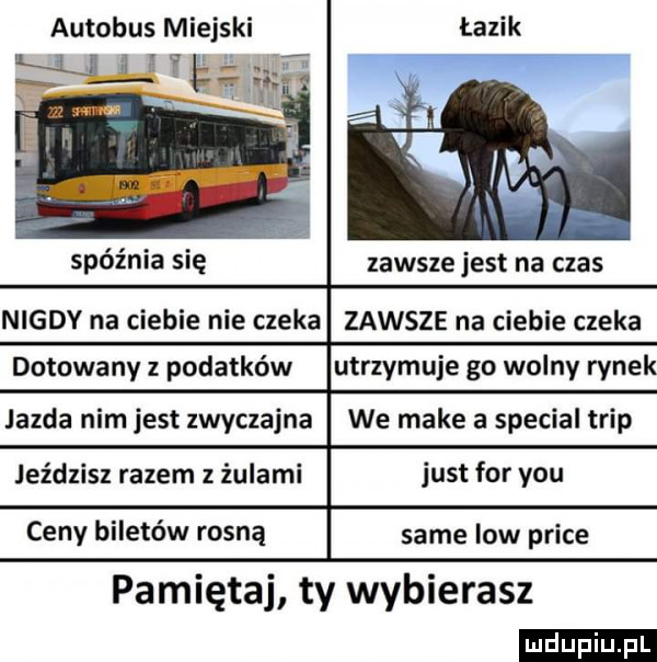 autobus miejski spóźnia się łazik zawsze jest na czas nigdy na ciebie nie czeka zawsze na ciebie czeka dotowany z podatków jazda nim jest zwyczajna leździsz razem z źulami ceny biletów rosną utrzymuje go wolny rynek we make a special trip just for y-u sa me low plice pamiętaj ty wybierasz ludu iu. l