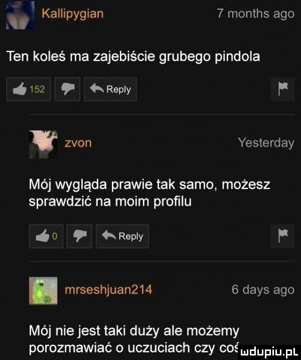 kallip ian   months ago yg ten koleś ma zajebiście grubego pindola     repry f zgon yesterday mój wygląda prawie tak samo. możesz sprawdzić na moim profilu i o repry f. mrseshjuan      dans ago mój nie jest taki duży ale możemy porozmawiać o uczuciach czy cośmdupiupl