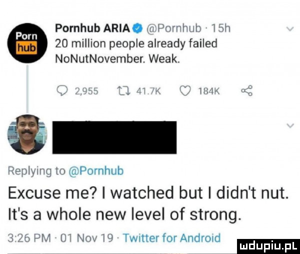 pornhub aria. pomhub   h    million people already failed nonutnovember. wiak. i o k replying w pornhub excuse me i watched but i dian t nut. it s a wiole naw level of strong.      pm    niv l  twitter for aw ww ze