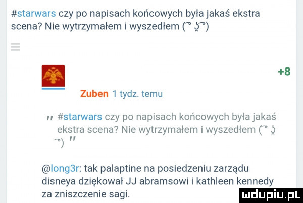 slarwars czy po napisach końcowych była jakaś ekstra scena nie wytrzymałem i wyszedłem q.   zubin   tycz. temu n s arwars czy po napisach końcowych byla jakaś ekstra scena nie wytrzymalem wyszedlem q r u iong r tak palaptine na posiedzeniu zarządu disneya dllękował jj abramkowi i kathleen kennedy za zniszczenie sagi. ludupiu