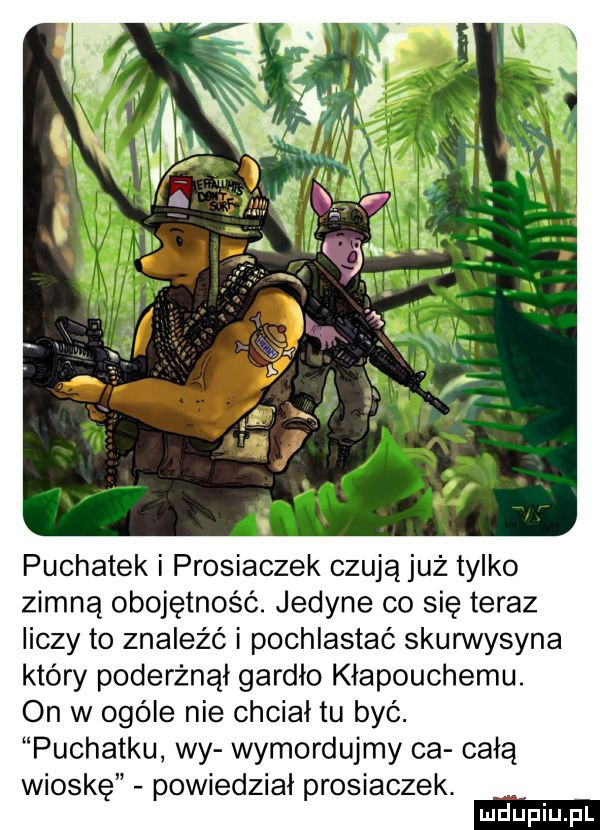 puchatek i prosiaczek czują już tylko zimną obojętność. jedyne co się teraz liczy to znaleźć i pochlastać skurwysyna który poderżnął gardło kłapouchemu. on w ogóle nie chciał tu być. puchatku wy wymordujmy ca całą wioskę powiedział prosiaczek