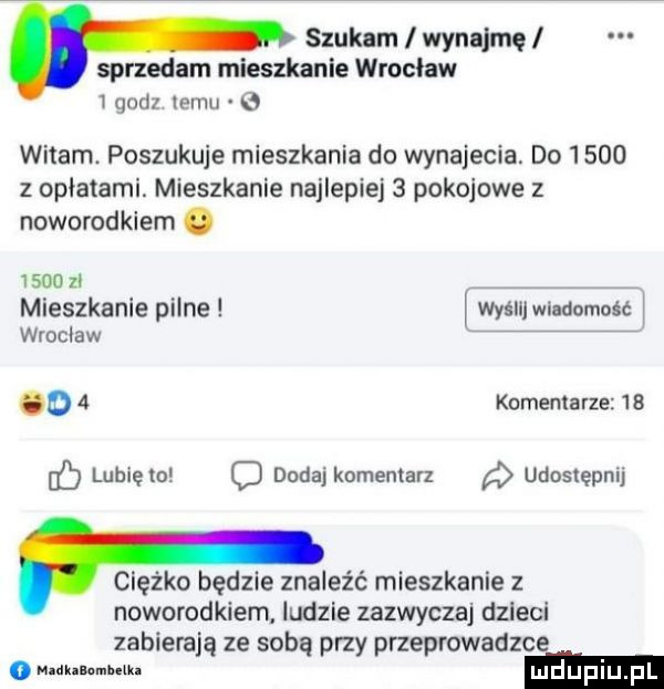 szukam wynajmę sprzedam mieszkanie wrocław   godz limu witam. poszukuje mieszkania do wynajecia. do      z opłatami. mieszkanie najlepiej   pokojowe   noworodkiem. vsou     mieszkanie pilne wyślij w adomosc i wroclaw i     o a komentarze    b lubię to c dodaj komentarz ó udostępnij ciężko będzie znaleźć mieszkanie z noworodkiem ludzie zazwyczaj dzieci zabierają ze sobą przy przeprowadzce mmm