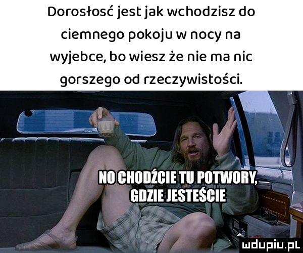 dorosłość jest jak wchodzisz do ciemnego pokoju w nocy na wyjebie bo wiesz że nie ma nic gorszego od rzeczywistości. l     a iii iiiiiiiiiiiie i ll i li i wiiiiy fi elllie les i eśiłie