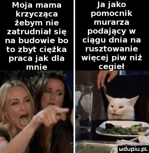 moja mama ja jako krzycząca pomocnik żebym nie murarza zatrudniał się podający w na budowie bo ciągu dnia na to zbyt ciężka rusztowanie praca jak dla więcej piw niż mnie cegieł