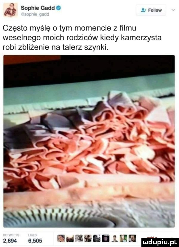 sophie gajd.   fellow często myślę o tym momencie z filmu weselnego moich rodziców kiedy kamerzysta robi zbliżenie na talerz szynki.             via alibi ﬂ
