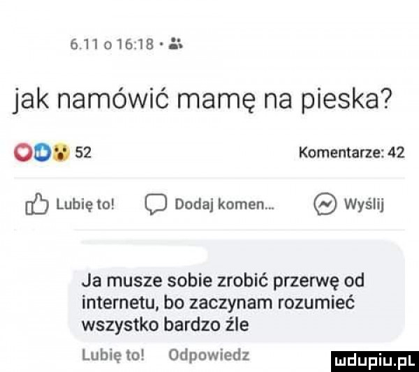 a jak namówić mamę na pieska od.    komentarze    lubię to cj dodaj kamen wyślij ja musze sobie zrobić przerwę od internetu bo zaczynam rozumieć wszystko bardzo źle lubię to odpowiedz