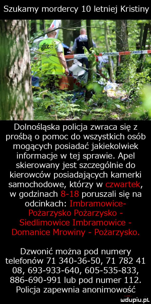 szukamy mordercy    letniej kristiny dolnośląska policja zwraca się z prośbą o pomoc do wszystkich osób mogących posiadać jakiekolwiek informacje w tej sprawie. apel skierowany jest szczególnie do kierowców posiadających kamerki samochodowe którzy w w godzinach poruszali się na odcinkach dzwonić można pod numery telefonów                                                               lub pod numer    . policja zapewnia anonimowość