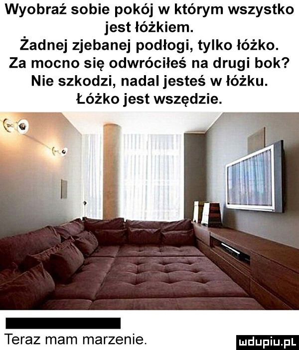 wyobraź sobie pokój w którym wszystko jest łóżkiem. żadnej zjebanej podłogi tylko łóżko. za mocno się odwróciłeś na drugi bok nie szkodzi nadal jesteś w łóżku. łóżko jest wszedzie. teraz mam marzenie