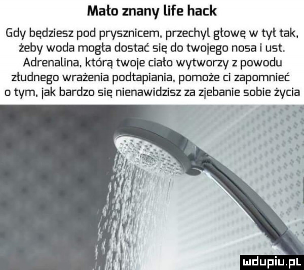 mało znany lice haik gdy będziesz pod prysznicem. przechyl gzowe w tył tak. żeby woda mogła dostać sie do twojego nosa i ust adrenalina. którą twoje ciało wytworzy z powodu złudnego wrażenia podtapiania. pomoże ci zapomnieć o tym. idk bardzo sie nienawidzisz za zjebanie sobie życia ax