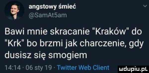 angstowy śmieć v samatsam bawi mnie skracanie kraków do krk bo brzmi jak charczenie gdy dusisz się smogiem          say    twitter web ciem wdupqul