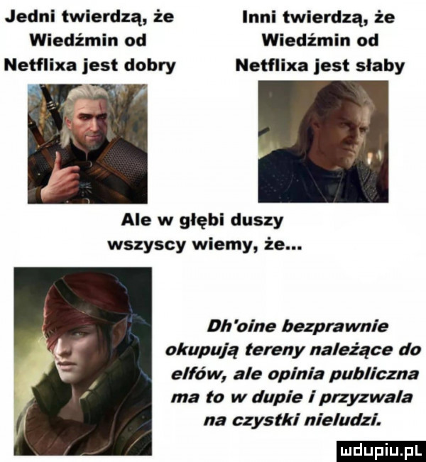 jedni twierdzą że inni twierdzą że wiedźmin od wiedźmin od netflix jest dobry netflix jest słaby ale w głębi duszy wszyscy wiemy że. dh orne bezprawnie okupują tereny należące do elfów ale opinia publiczna ma to w dupie i przyzwala na czystki nieludzi. ludu iu. l