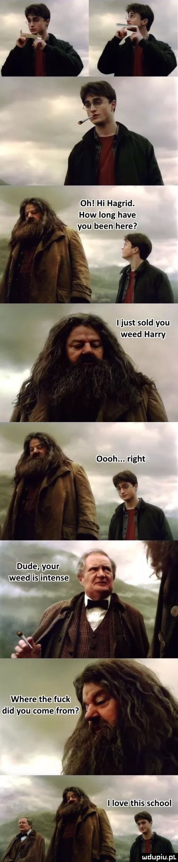 oh hi hagrid. hiw long hace y-u bean here i just sold y-u weed harry oooh. right dude your weed isjnténse h where tee funk ddd y-u cole from